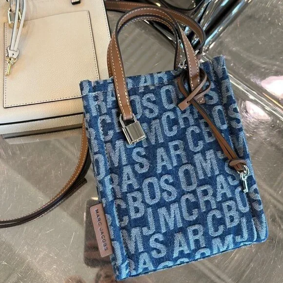 NWT! Marc Jacobs The Jumbo Logo Jacquard Micro Grind Denim Tote Crossbody